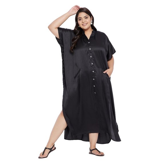 Satin Maxi Dress for Womens Solid Black Bikini Swimsuit Cover Up Beach Dresses - Picture 2 of 7